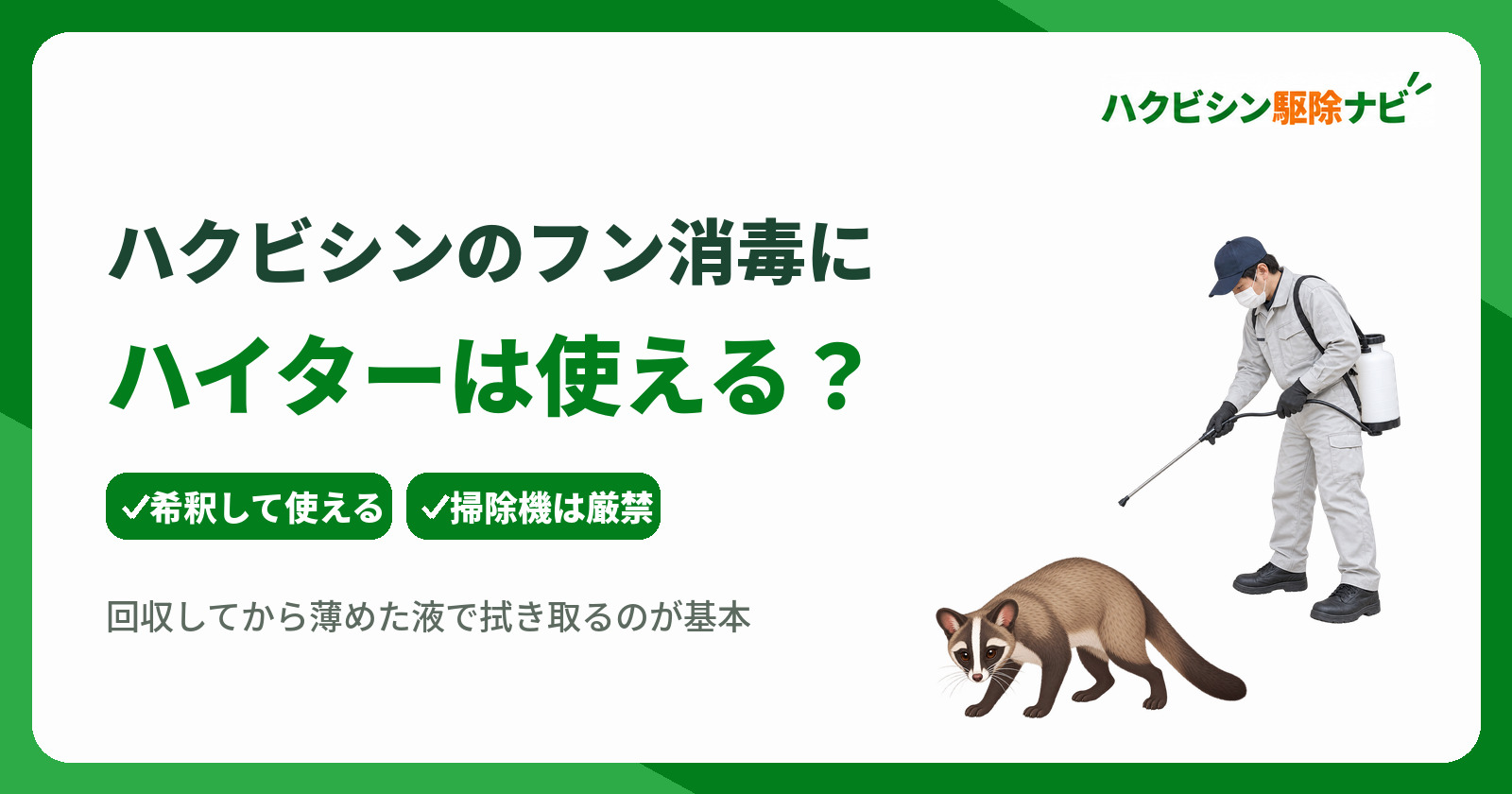 ハクビシンのフン消毒にハイターは使える？正しい掃除法と再発防止の判断基準