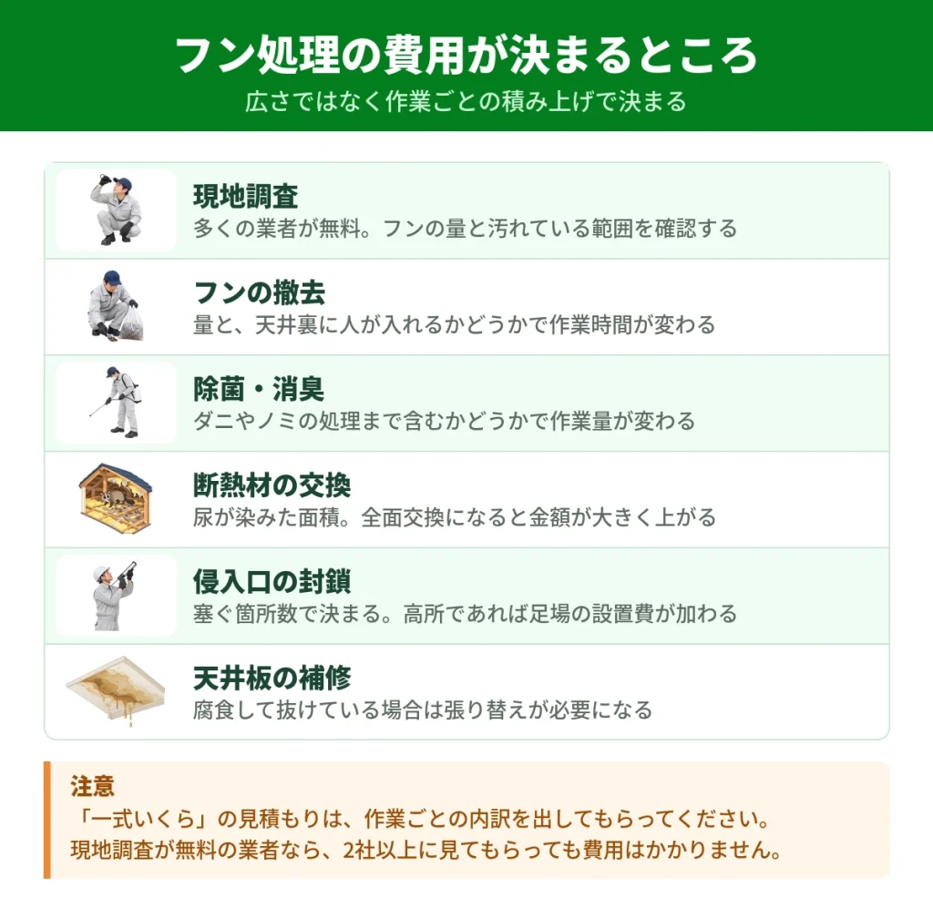 ハクビシンのフン処理費用が作業ごとにどう決まるか