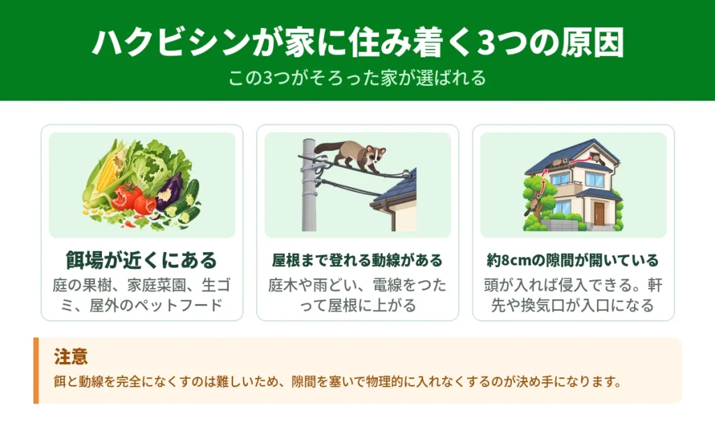 ハクビシンが家に住み着く3つの原因