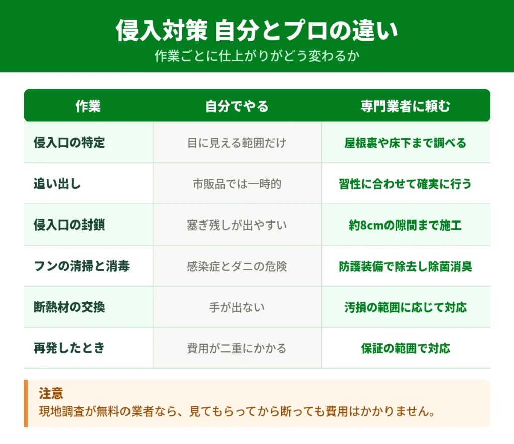 ハクビシンの侵入対策を自分で行う場合とプロに頼む場合の違い