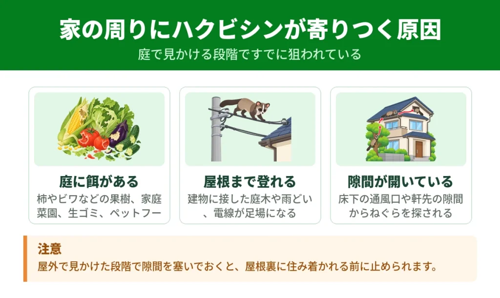 ハクビシンが家の周りに寄りつく3つの原因