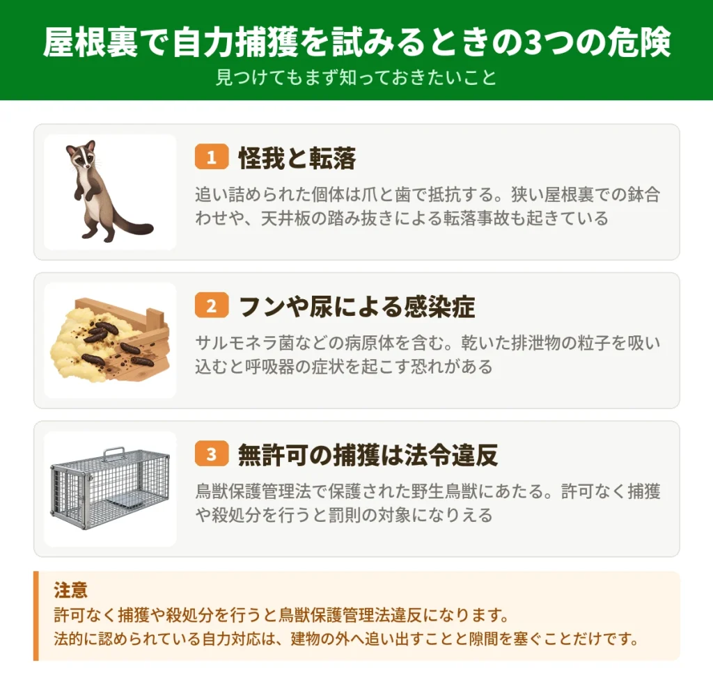 屋根裏のハクビシンを自力で捕まえようとするときの3つの危険