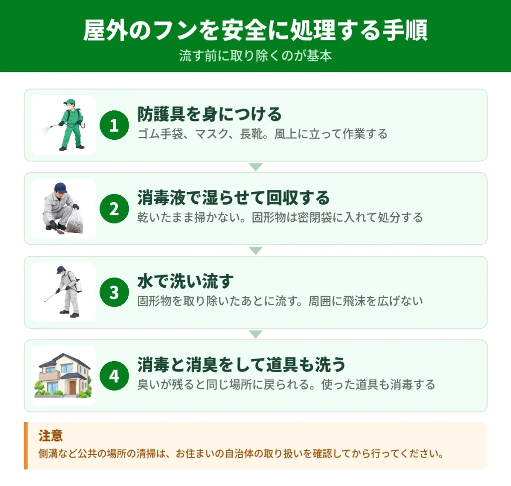 屋外のハクビシンのフンを清掃・消毒する手順