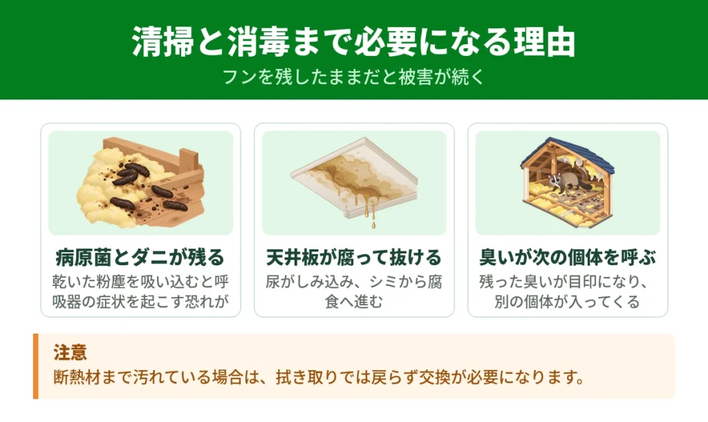 屋根裏のハクビシン被害で清掃と消毒が必要になる理由