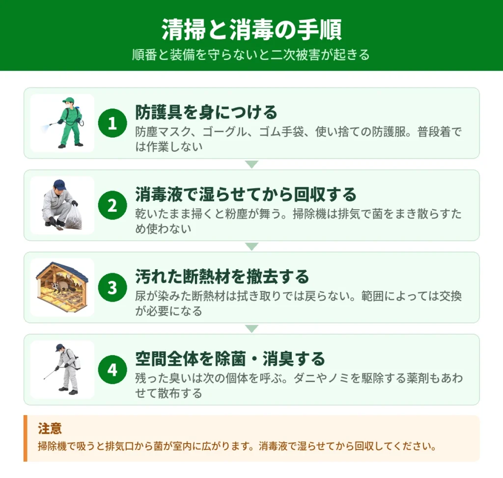 ハクビシンのフンを清掃・消毒する手順