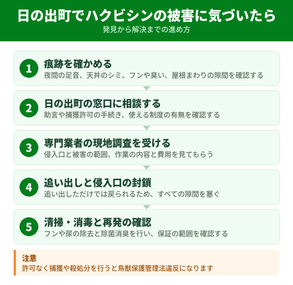 日の出町でハクビシンの被害に気づいてから解決するまでの流れ
