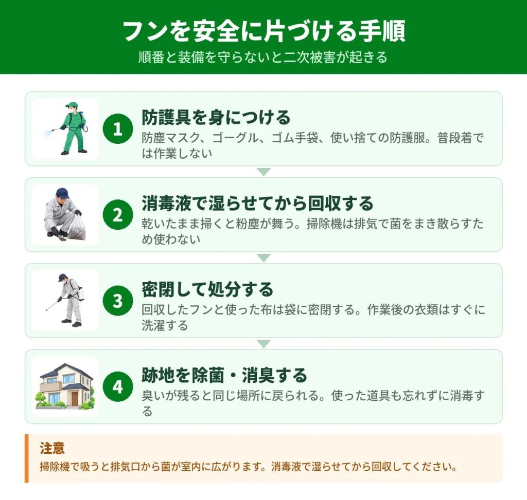 ハクビシンのフンを清掃・消毒する手順