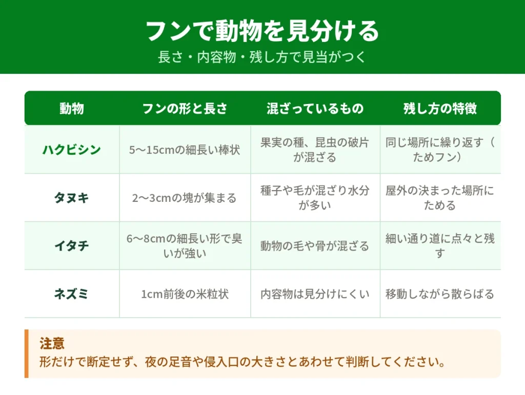 ベランダのフンがハクビシンかどうかを見分ける比較表