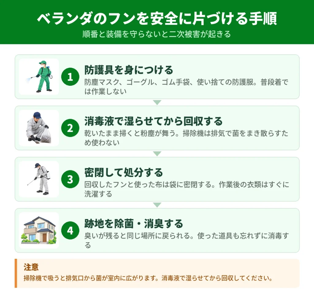 ベランダのハクビシンのフンを清掃・消毒する手順