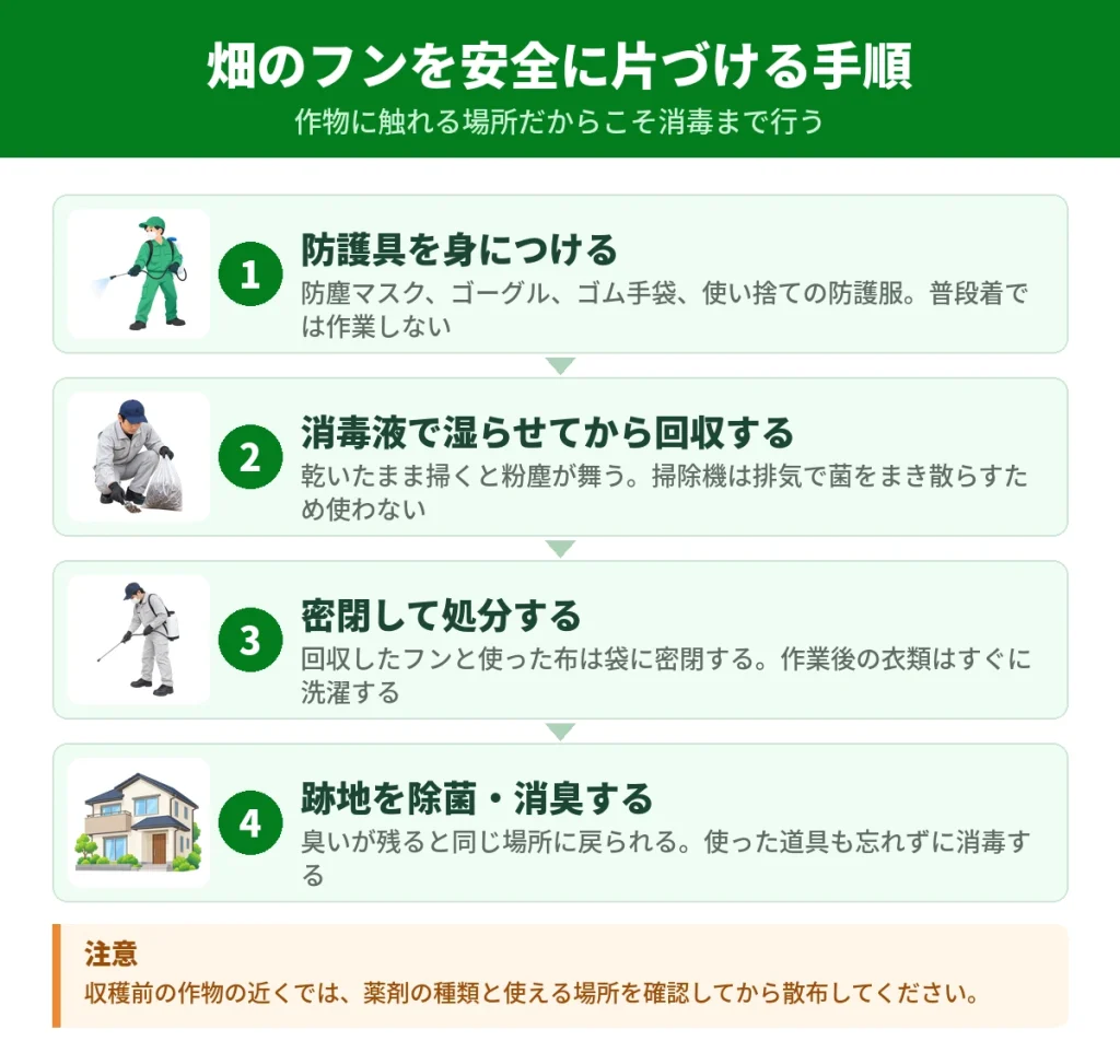 畑のハクビシンのフンを清掃・消毒する手順