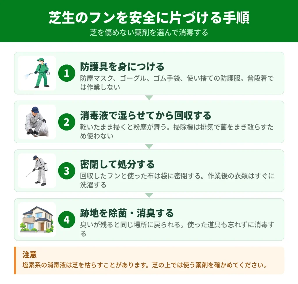 芝生のハクビシンのフンを清掃・消毒する手順