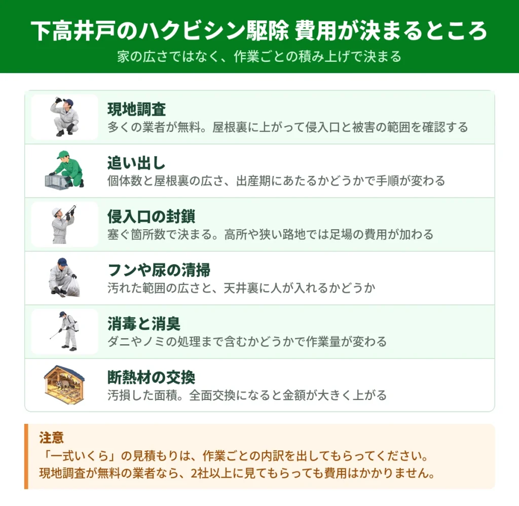 下高井戸のハクビシン駆除費用が作業ごとにどう決まるかを示した図解